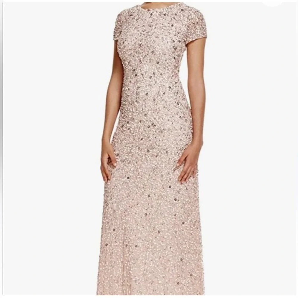 Adrianna Papell Sequin Gown 10 Blush NWT Scoop Back‎ Beaded Evening Dress